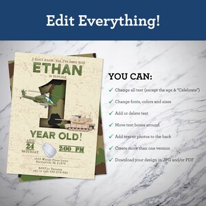 May include: A military-themed birthday invitation with a camouflage pattern. The invitation features a large number one, a helicopter, and a tank illustration. Text includes the name "Ethan", "Year Old!", date, time, and RSVP information.