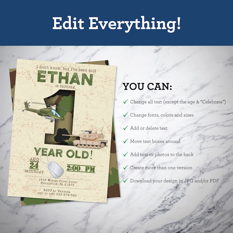 May include: A military-themed birthday invitation with a camouflage pattern. The invitation features a large number one, a helicopter, and a tank illustration. Text includes the name "Ethan", "Year Old!", date, time, and RSVP information.