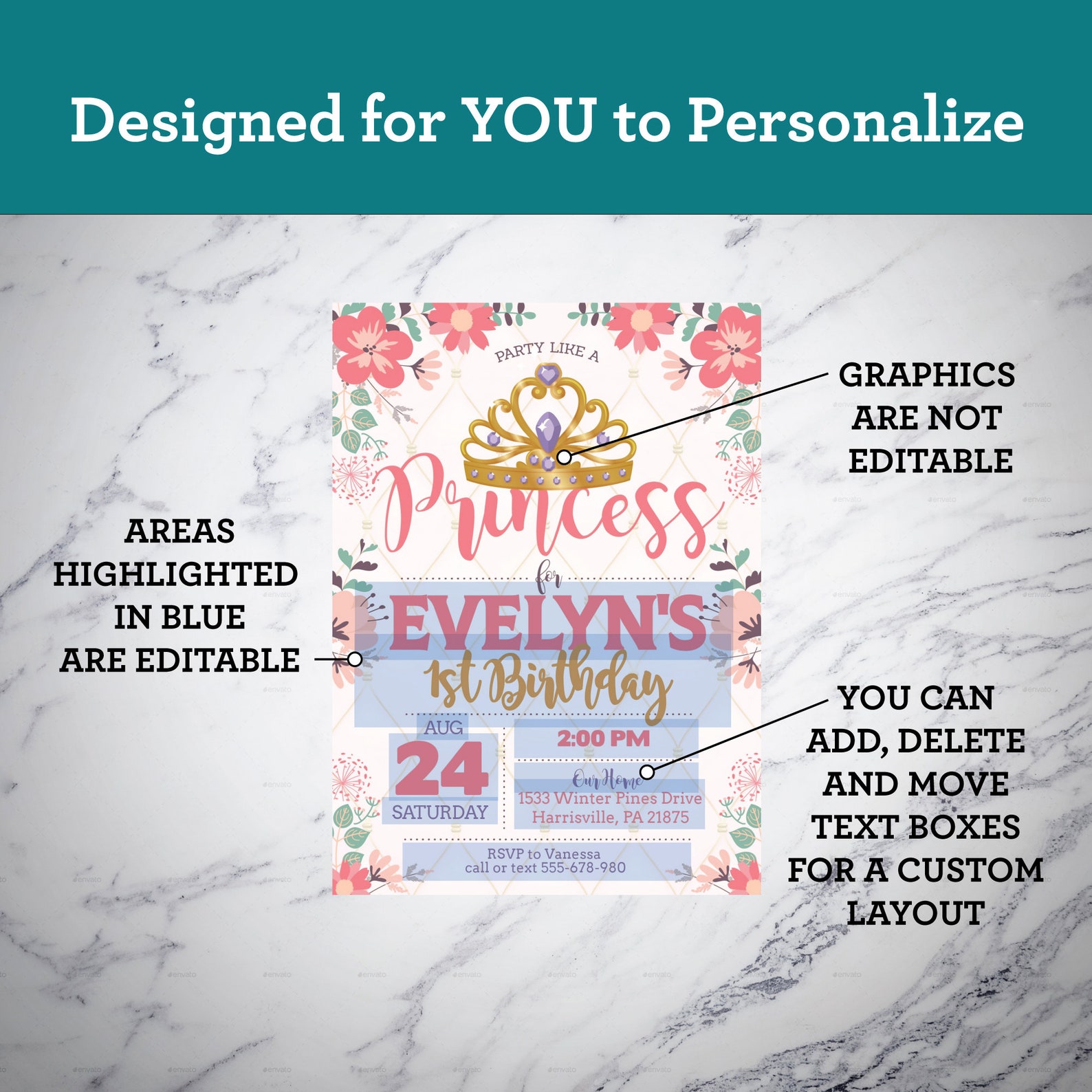 Princess Birthday Card - Editable Princess Invitation | Instant ...