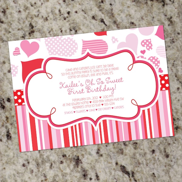 Valentines Themed Birthday Party Invitations - Pink and Red - Printable Design