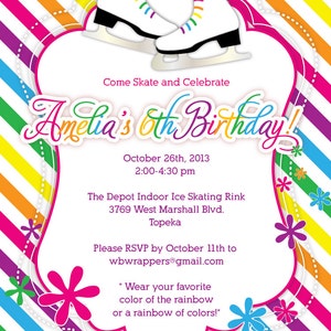 Rainbow Skating Party Invitations Ice Skate or Roller Skates Very Girly image 3