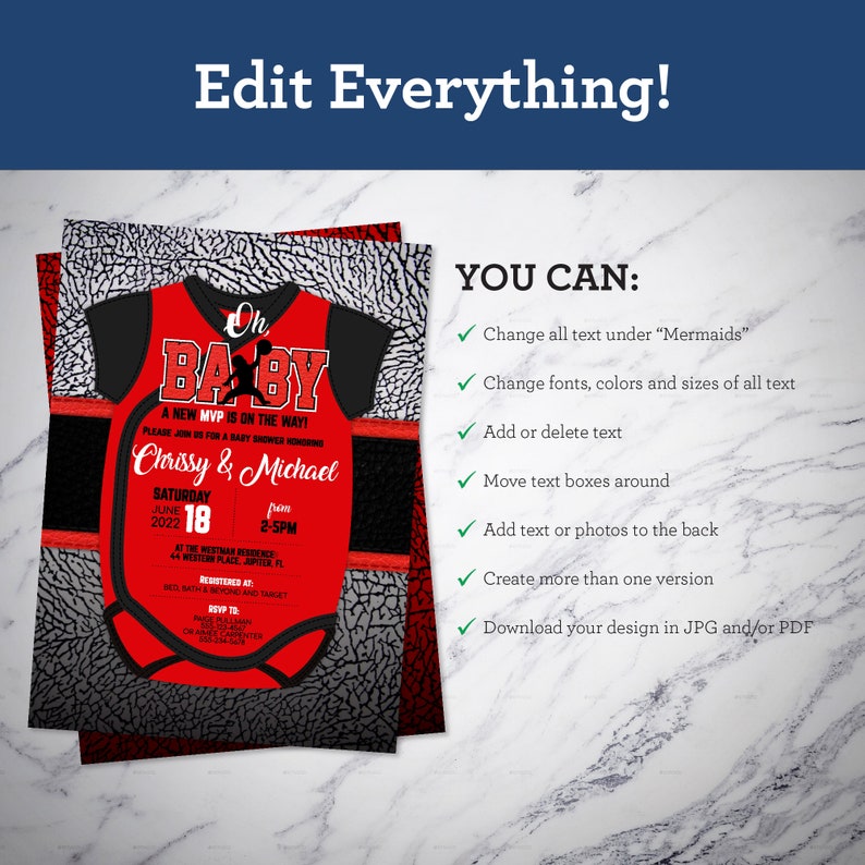 May include: A red and black baby shower invitation with a basketball jersey design. The text reads "Oh Baby! A New MVP is on the Way!" and includes the names "Chrissy & Michael".