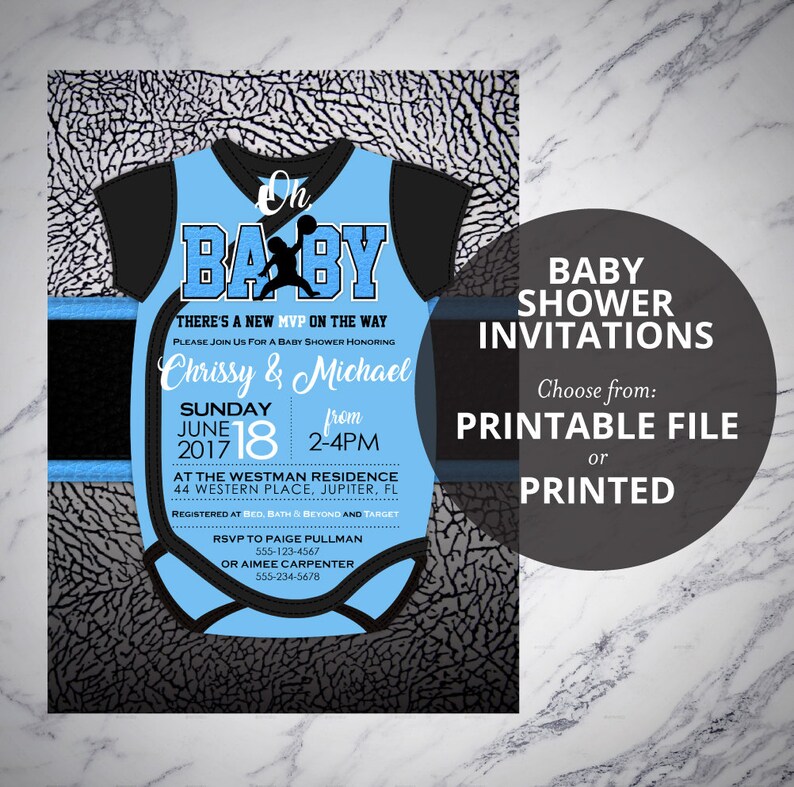 Air Jordan Baby Shower Invitations Blue Jordan Onesie Etsy