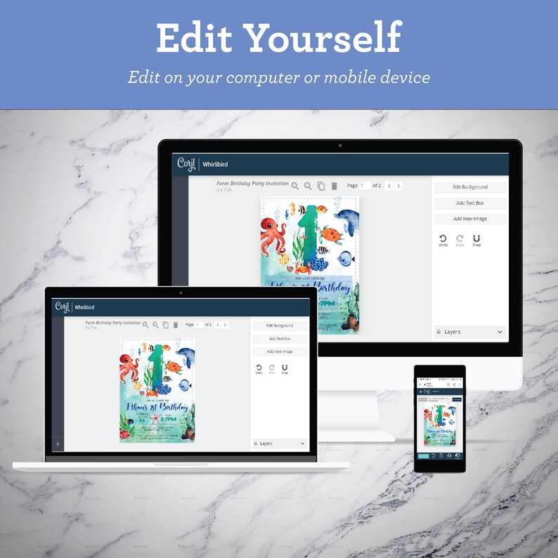 May include: A computer screen, laptop, and smartphone display a website with a colorful invitation for a child's first birthday party. The invitation features an octopus, fish, and the number one. The website allows users to edit the invitation with text and images.