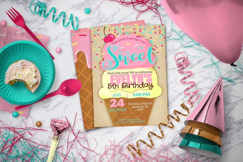 May include: A pink and yellow ice cream cone birthday party invitation with sprinkles and a cherry on top. The invitation says "This party is going to be Sweet" and "Here's the scoop! We're celebrating Evelyn's 5th Birthday." The invitation also includes the date, time, and location of the party.