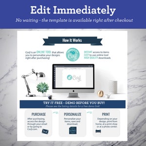 May include: A graphic showing how to use an online design tool called Corjl. The graphic shows a computer screen with the Corjl logo and a text box that says "Personalize with Corjl". The graphic also includes text that says "Corjl is an ONLINE TOOL that allows you to personalize your designs right after purchasing!" and "INSTANT access to items EASY to use online tool HIGH QUALITY downloads". The graphic also includes text that says "TRY IT FREE - DEMO BEFORE YOU BUY! Please see the listing details for a free demo link!" and shows three steps: "PURCHASE", "PERSONALIZE", and "PRINT".