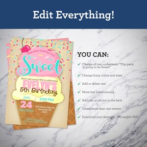 May include: A printable invitation for a 5th birthday party with an ice cream cone design. The invitation says "This party is going to be Sweet!" and "Evelyn's 5th Birthday".