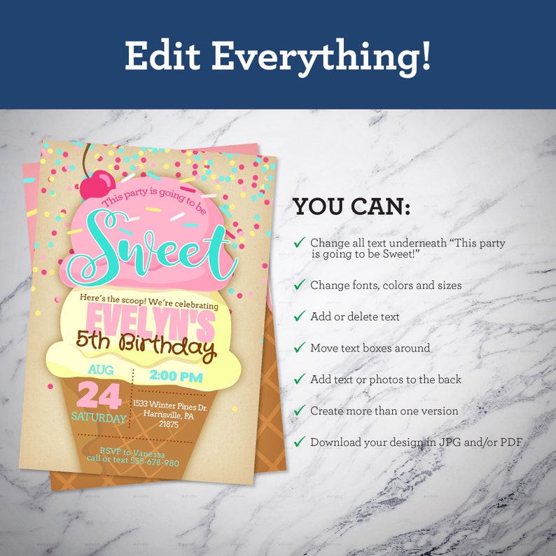 May include: A printable invitation for a 5th birthday party with an ice cream cone design. The invitation says "This party is going to be Sweet!" and "Evelyn's 5th Birthday".