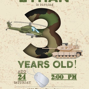 May include: A military-themed birthday invitation with the name "ETHAN" in green block letters. The number "3" is filled with camouflage, and a green helicopter and tan tank are featured. The invitation includes the date, time, and RSVP information.
