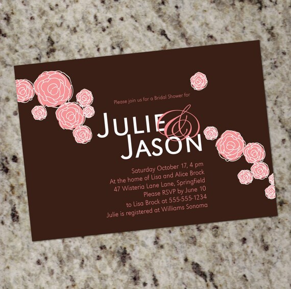 Bridal Shower Invitation | Floral Bridal Shower Invites | Rosettes | Brown | Pink | Mod | Simple | Personalized Printable | Print Your Own Il_570xn
