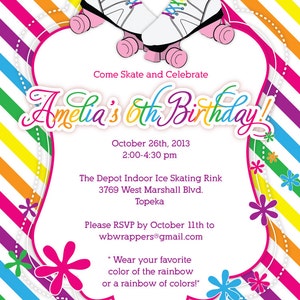 Rainbow Skating Party Invitations Ice Skate or Roller Skates Very Girly image 2