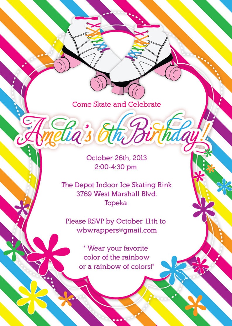 Rainbow Skating Party Invitations Ice Skate or Roller Skates Very Girly image 2
