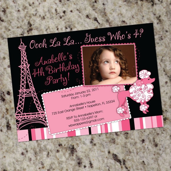 Pink Poodle Paris Birthday Party Invitations -  French Poodle Theme - Parisian Birthday Party - DIY Printable