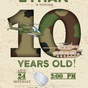 May include: A military-themed birthday invitation with the name "ETHAN" in green block letters. The number "10" is filled with camouflage, and features a helicopter and a tank. The invitation includes the date, time, and RSVP information.