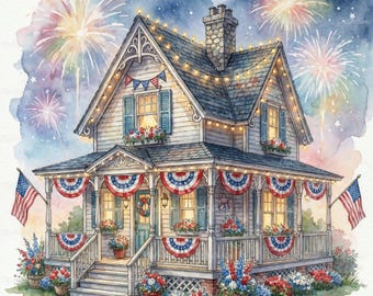 56 JPG 4th of July House Clipart, Patriotic Home Graphics, Independence Day Watercolor Houses, High Quality JPG Clipart, Paper Craft