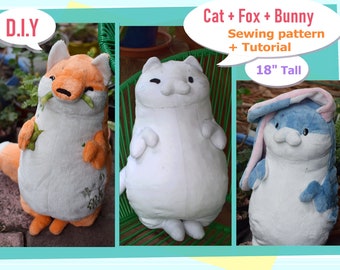 PDF pattern + instructions - Bundle Chummy pals - Cat + Fox +Bunny plushie