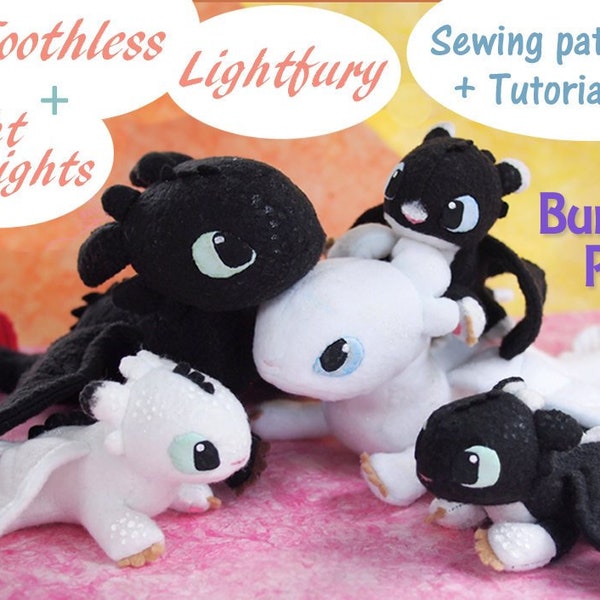 PDF Sewing pattern + instructions - BUNDLE Pack - Beanie Light fury + Toothless + Night lights - DIY