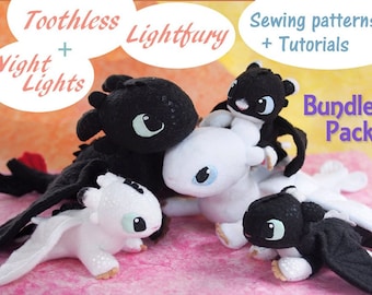 PDF Sewing pattern + instructions - BUNDLE Pack - Beanie Light fury + Toothless + Night lights - DIY