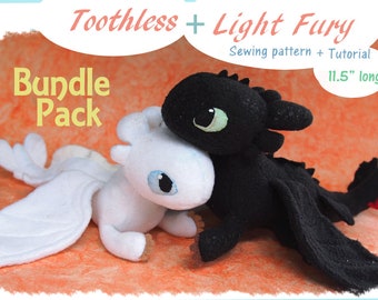 PDF Sewing pattern + instructions - BUNDLE Pack - Beanie Light fury + Toothless - DIY