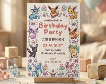 Invitation Pokémon modifiable Evoli, invitation d'anniversaire Umbreon, carte Eeveelution imprimable, modèle de fête d'anniversaire Evite Sylveon Bday texte numérique Canva
