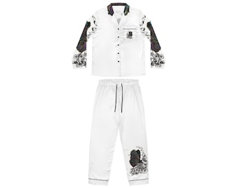 Beautiful Women's Satin Pyjamas with Catieartworks hand drawn design Black White