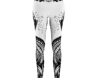 Womens leggings with "Dance of the Butterflies" ink print design by catieartworks Polyester brushed suede 5% Spandex