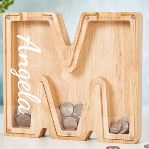 Hucha con inicial personalizada y nombre, hucha de madera para niños y niñas, hucha con letras del alfabeto, regalo de cumpleaños, hucha con nombre, regalo de Navidad para niños