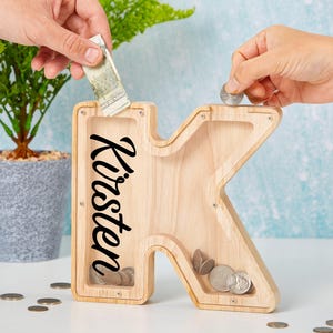 Alcancía con nombre personalizado, alcancía de madera con iniciales personalizadas, alcancía con letras para niños y niñas, regalo de cumpleaños y Navidad, decoración de guardería