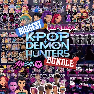 Puede incluir: Un collage vibrante con gráficos temáticos de K-Pop y el texto "BIGGEST KPOP DEMON HUNTERS BUNDLE". La imagen incluye varias ilustraciones de dibujos animados de personas, logotipos y el texto "SOMBOYS". La paleta de colores está dominada por tonos de morado, rosa y azul.