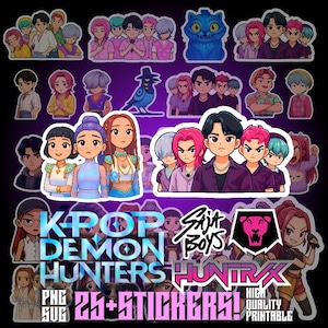 May include: A collection of colorful K-Pop Demon Hunters stickers. The stickers feature various cartoon characters with different hairstyles and outfits. Text includes "K-Pop Demon Hunters", "Sija Boys", and "25+ Stickers!"