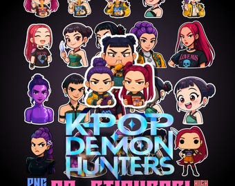 KPOP-stickerpakket demonenjagers | 20+ Hunterix afdrukbare PNG SVG | Zoey Mira Rumi digitale Kpop anime-stickers | Hoogwaardige downloadbundel