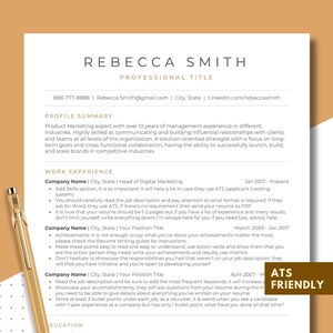 May include: A black and white resume template with the text "REBECCA SMITH" in a large, bold font at the top. The resume includes a profile summary, work experience, and education sections. The text "ATS FRIENDLY" is in a red box in the bottom right corner.