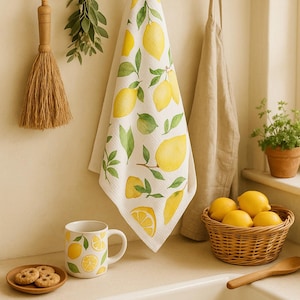 Lemon Print Hand Towel, Bright Kitchen Decor, Fresh Citrus Tea Towel, Gift for Hostess, Summer Kitchen Accessories, Home Decor