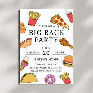 Puede incluir: Una invitación blanca con texto en blanco y negro que dice "Join us for a Big Back Party" con una fecha del 20 de julio a las 4 PM. La invitación tiene una variedad de ilustraciones de comida que incluyen pizza, papas fritas, hot dogs, helado, donas, tacos y pollo.