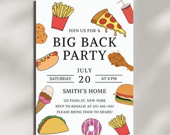 Inbjudan till Big Back-fest, redigerbar inbjudan till grillfest i trädgården, mall för matfest, inbjudan till sommargrillfest, mall för knytkalasfest, Big Back Energy