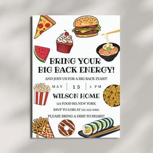 Bewerkbare Big Back Energy-uitnodiging, achtertuin BBQ-uitnodiging, sjabloon zomercookout-feest, Big Back Party, verjaardagsfeestje eten thema, potluck