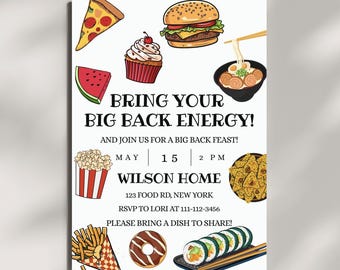 Redigerbar Big Back Energy-inbjudan, inbjudan till bakgårdsgrillfest, mall för sommargrillfest, Big Back-fest, mattema för födelsedagsfest, knytkalas