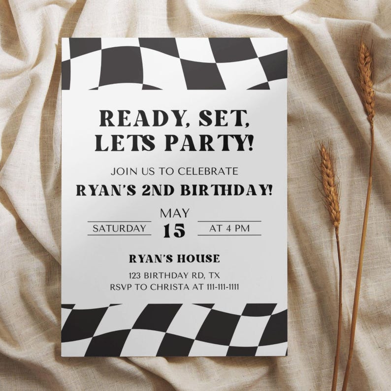 Black-and-white checkered flag racing birthday invitation with bold text, race-themed design, and editable details for a fun, high-energy celebration.