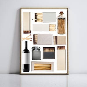 May include: A framed collage of various matchboxes and a glass bottle filled with matches. The collage also includes a bottle of wine and a lighter.