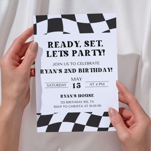 Black-and-white checkered flag racing birthday invitation with bold text, race-themed design, and editable details for a fun, high-energy celebration.