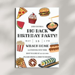Invitación de cumpleaños con temática de espalda grande, fiesta editable con temática de espalda grande, plantilla de barbacoa de verano, invitación de cumpleaños de comida rápida, plantilla de fiesta con temática gastronómica, comida compartida
