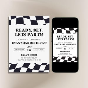 Black-and-white checkered birthday invitation displayed on a printed card and a smartphone screen. Bold text with a modern layout, featuring race-inspired elements but suitable for various themes. Editable digital template for easy customization and sharing.