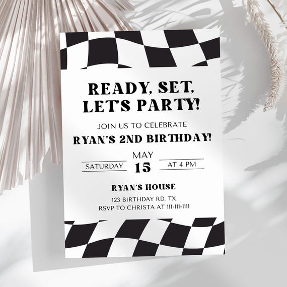 Editable Any Age Birthday Invitation, Retro Black and White Checkered Invite, Race Car Theme, Kids Teen Adult, Printable Digital Download