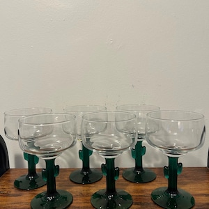 6 Six Libbey Cactus Glass Green Clear Stemware 12oz Margarita Cocktail Party Margarita Glasses Cacti