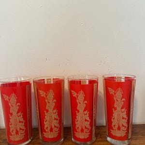 1960s Culver Red & Gold Thai Goddess Highball Tumbler Glasses Set Of 4 Vintage