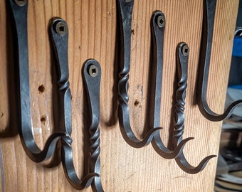 Blacksmith Forged Kitchen Hooks | Rustic Twisted Pot & Pan or Utensils Hangers (Set of 3)