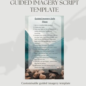 Könnte beinhalten: Eine druckbare Vorlage für ein geführtes Bildgebungsskript mit dem Titel "Guided Imagery Safe" und der Überschrift "Place". Das Skript umfasst 10 Schritte für eine geführte Bildgebungsübung.