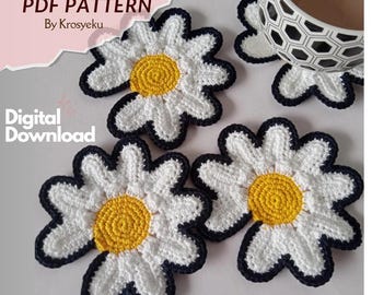 Crochet daisy coaster pattern pdf, easy flower cup mat crochet tutorial, beginner friendly, instant download