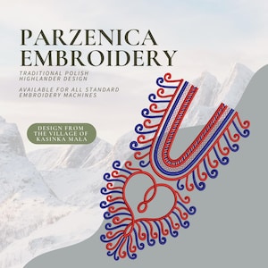 May include: Red and blue embroidery design featuring a heart shape at its centre. The design is called "Parzenica Embroidery" and is a traditional Polish Highlander design. It is available for all standard embroidery machines. The design is from the village of Kasinka Mala.