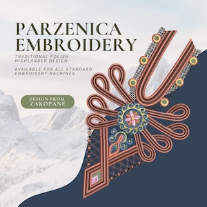 Puede incluir: Diseño tradicional de bordado polaco de montañés, con un patrón floral rojo y dorado con detalles intrincados. El diseño está disponible para todas las máquinas de bordado estándar. "PARZENICA EMBROIDERY" y "DESIGN FROM ZAKOPANE" están escritos en la imagen.